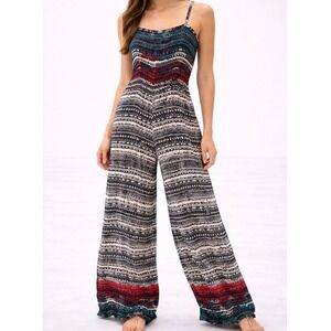 Angie Black Teal Red Boho Aztec Print Wide Leg Jumpsuit Spaghetti Strap Size S